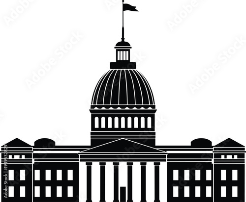 Flat vector silhouette of government building with dome, United States Capitol inspired architecture, democracy symbol, political institution, minimal art illustration