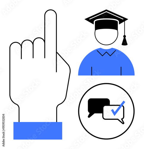 Hand pointing upward, graduate figure with mortarboard, chat bubbles with checkmark. Ideal for education, communication, approval, online learning, voting interaction decision-making. Simple flat