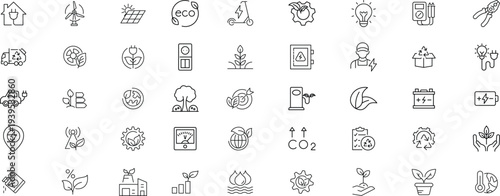 renewable energy and low emission sustainable power system line icon set including solar, wind, hydrogen and EV charging.vector
