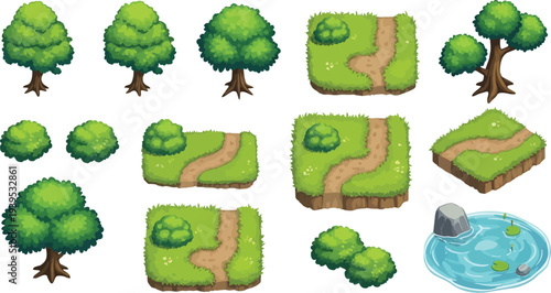 Collection of cartoon game assets featuring various trees, bushes, and grass terrain tiles for creating a digital landscape