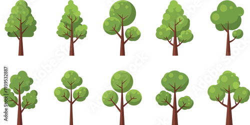 Set of ten different cartoon trees with green foliage and brown trunks, isolated on a white background.