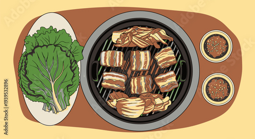 Korean Barbecue Samgyeopsal Grilled Pork on a Table.