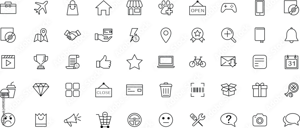 Fototapeta premium User Interface Line Icons Set – Mobile App, Navigation, Shopping, Media, UI Elements and Web Interface Outline Icons