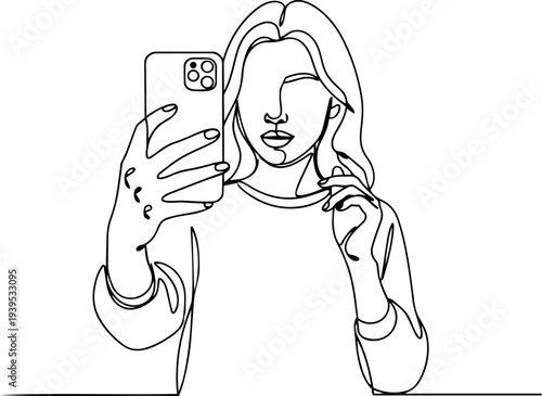 young woman take selfie line art 