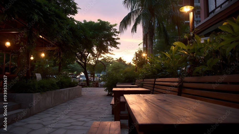 Obraz premium An inviting outdoor seating area with warm ambient lights at twilight surrounded by lush greenery