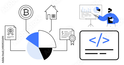Finance, cryptocurrency, real estate, smart contracts, coding, data analysis. Visual shows bitcoin, pie chart house certificates and developer teaching with graphs. Cryptocurrency and finance