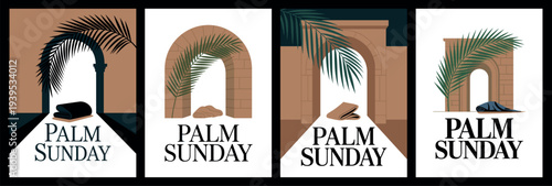 Palm Sunday with Palm Leaves and Jerusalem Gate Illustrations