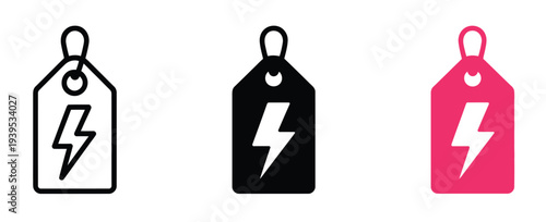 Flash Sale Tag Icon with Lightning Bolt Symbol, professional vector pack showing promotional tag icons, line silhouette, and colorful pink design, ideal for online stores, sales campaigns