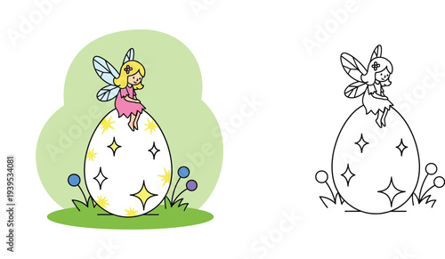 Magical Fairy Girl Sitting on a Large Starry Easter Egg Vector Illustration Set - Colored and Line Art Versions for Kids Coloring Book Activity and Holiday Graphic Design
