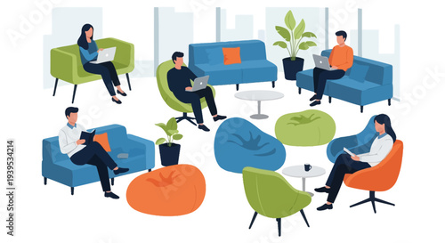 People Working & Relaxing in Modern Co-working Space. Flexible Collaborative Office Environment for Productivity, Comfort, and Digital Nomads