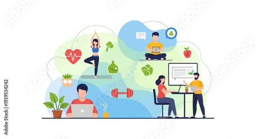 Modern Work-Life Balance: Remote Work, Wellness, and Productivity Concept Vector Illustration