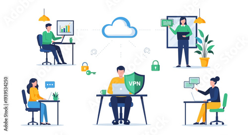 Virtual Private Network (VPN) and Cloud Security Protecting Remote Work Data and Online Privacy. Digital Cybersecurity Illustration.
