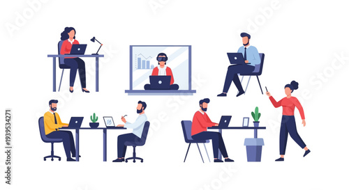 Dynamic Workplace Professionals: Flat Vector Illustration Set of Diverse Businesspeople Working with Laptops, VR, and Collaborating in Modern Office.