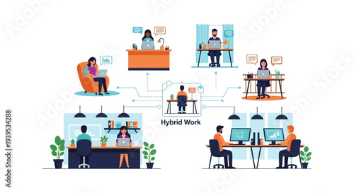 Hybrid Work Model with Diverse Teams Collaborating Remotely and In-Office, Illustrating Flexible Workspaces and Modern Business Solutions