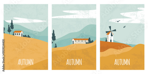 Autumn landscape with golden fields and rolling hills under blue sky with white clouds and flying birds. Fall countryside scene cards with harvested wheat meadows, mountains and windmill building