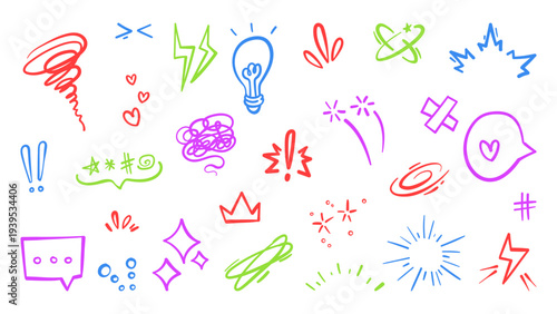 Comic effect emphasis symbols, vector line icons isolated on white. Speech bubble, sparkling stars, light bulb and dynamic motion rings, emotion hand drawn brush strokes, anime style graphic elements