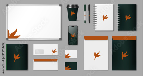 Set of business brand identity mockups isolated on background. Vector realistic illustration of office stationery templates, corporate presentation materials, envelopes, notebooks, folders and cup