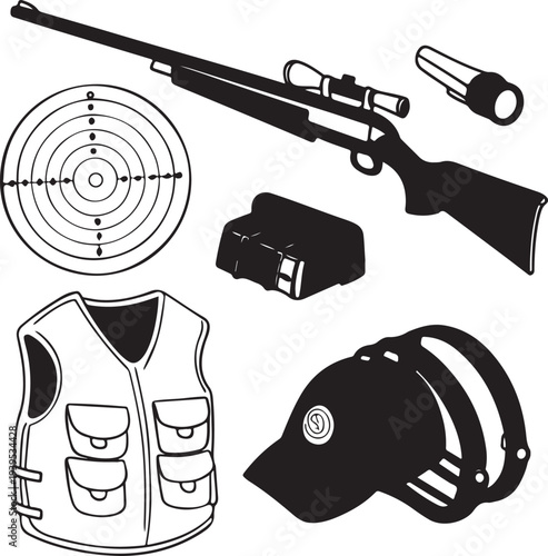 A curated collection of essential items for target practice. Including a rifle, a target, ammunition, and other gear.