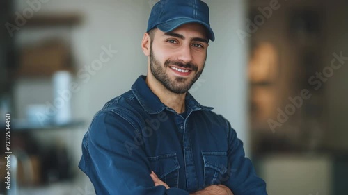 Smiling tradesman in blue cap and denim shirt with arms crossed, confident and friendly