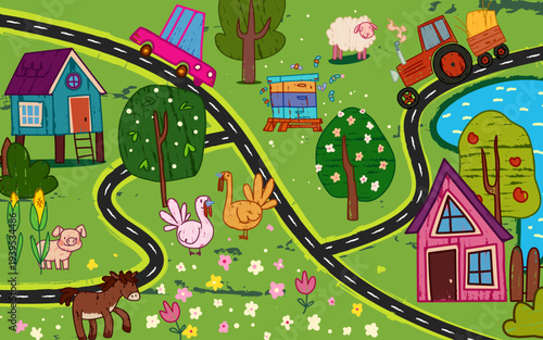 Funny village map for children game design. Vector cartoon illustration of kid hand drawn rural area with car and tractor driving road, cute farm animals, lake, fruit trees and vegetable garden