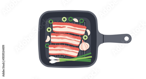 Illustration of bacon cooking in a pan with vegetables.