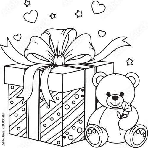 Cute teddy bear with a wrapped gift box