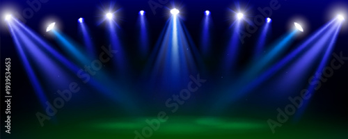 Bright stadium soccer field with blue lights on dark night sky background and stars, realistic vector bg. Illuminated sport arena, dramatic atmosphere banner with powerful beams for football games