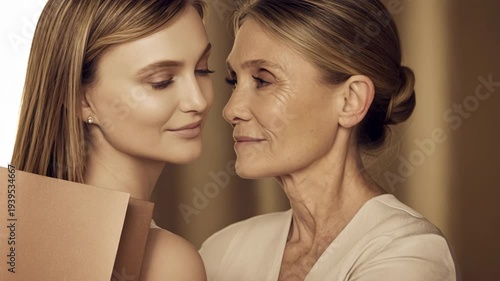 Generational love: A mother kisses her adult daughter on the cheek in a tender moment