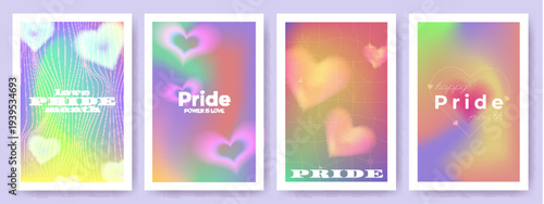 Pride rainbow colors posters, vector illustrations. Card with iridescent gradient background, abstract wireframe pattern and blured heart shapes. LGBTQ month templates for happy inclusive design