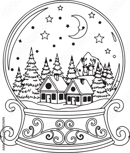 Whimsical snow globe scene with village and trees