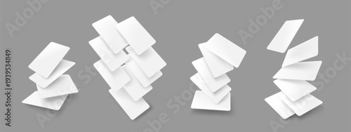 Blank flying poker card mockup with white deck elements, realistic vector set isolated on grey background. 3D template with falling cards for game presentation, business voucher design, or casino