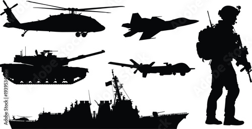 Military silhouette illustration featuring soldier, helicopter, jet, tank, and warship