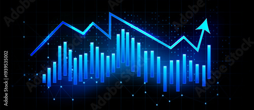 Financial market chart with candlestick pattern, stock growth trend and forex trading data, abstract vector blue digital background for business analysis. Global progress graph, rising neon blue arrow