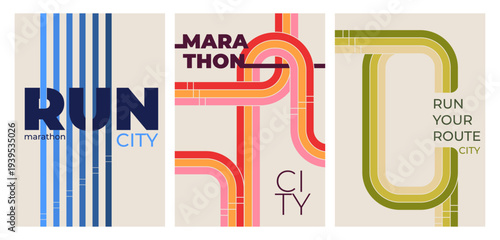 Marathon poster set, vector backgrounds. Sport banners collection with abstract running tracks, color lines with dynamic speed effect, race events design, competition layout template, invitation cards