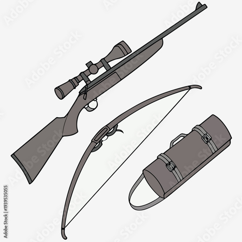 The drawing illustrates a set of hunting tools, meticulously sketched against a blank background. Featuring a rifle, a bow, and a carrying case.