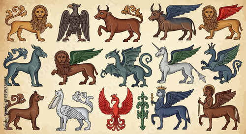 Romanesque Bestiary Vector Creatures - Medieval Mythical Animals and Symbolic Beasts