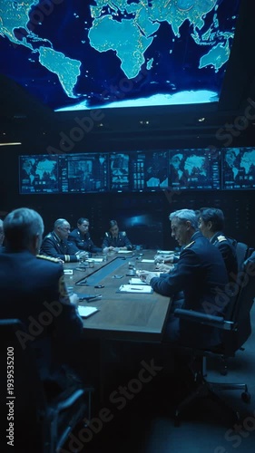 Military leaders gather in a dark command center for a global strategy meeting