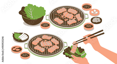 Korean BBQ grill with meat and vegetables being prepared.
