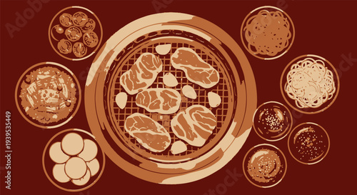 Traditional Korean BBQ Feast with Various Side Dishes.