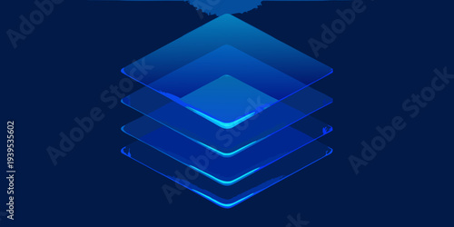 Abstract layered diamond shape with glowing neon blue effects