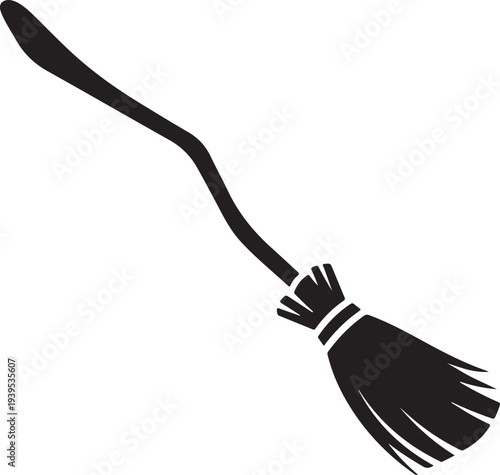 Broomstick silhouette with long handle and tied bristles isolated on transparent background