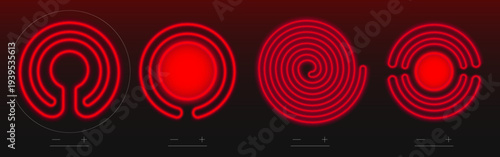 3d realistic electric stove top with glowing red burners, vector illustration. Induction cooktop with black ceramic surface, top view. Kitchen appliance with power regulation icons