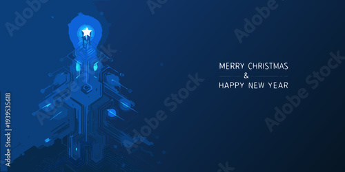 A futuristic blue christmas tree with holiday greetings and glowing lights