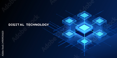 Abstract digital technology background with glowing isometric cube network