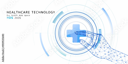 Digital healthcare technology concept with a hand interacting with a glowing interface