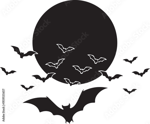 Flying bats silhouetted against full moon on halloween night graphic illustration