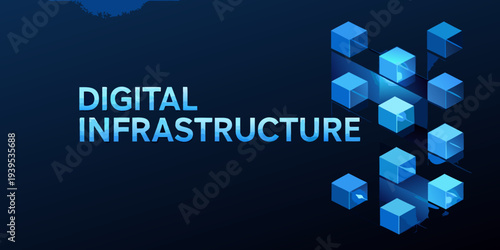 Digital infrastructure concept with interconnected blue cubes on a dark background