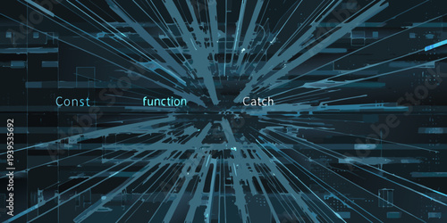 Abstract digital tunnel with glowing lines and code fragments