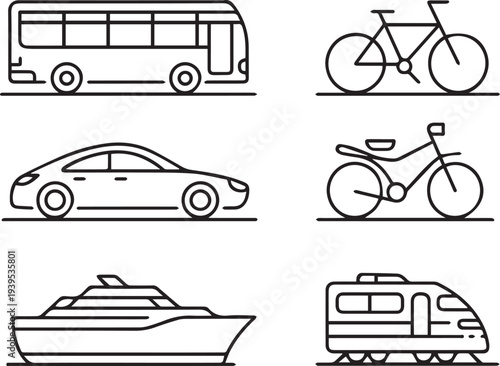 Transportation Icons Set in Line Art Style, Cars, Bus, Train, cycle, Airplane and Vehicle Outline Symbols Collection