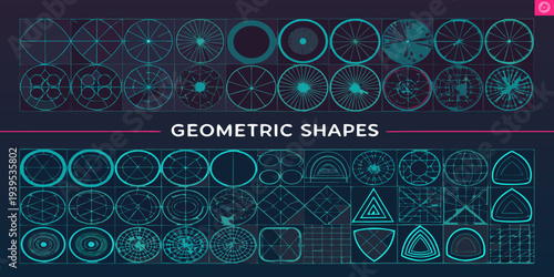 Collection of various geometric shapes and circular designs in teal hues